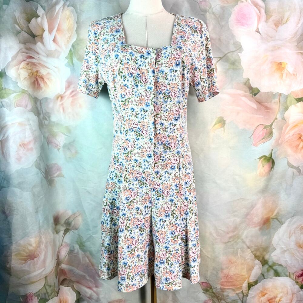 Vintage 80s Zanoni By Jalate Floral Faux Pearl Button Front Square Neck Romper